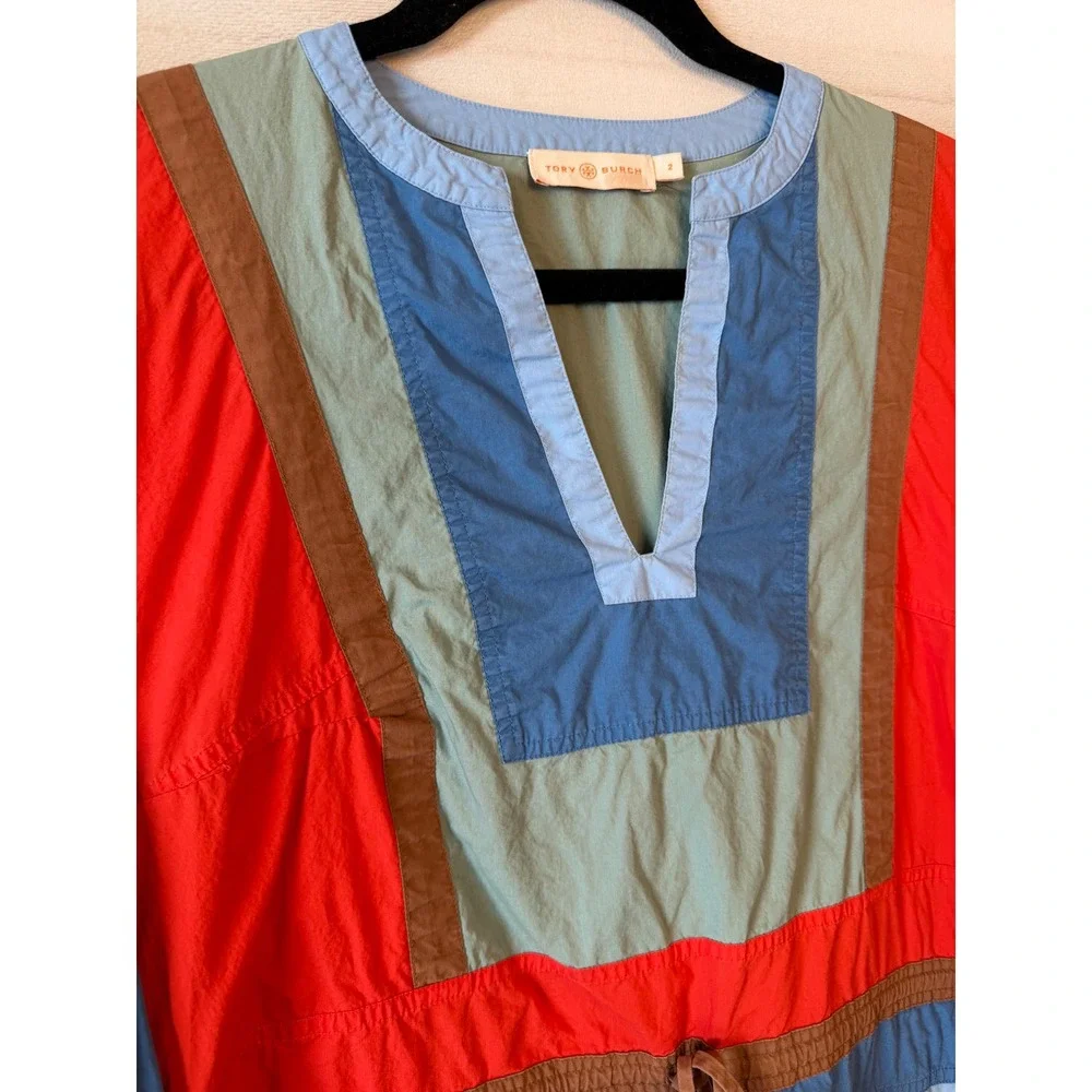 Tory Burch Colorblock Cotton Tunic Blouse Red Blue Green Tassel Size 2